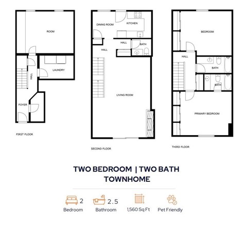 Floor plan for 2 beds, 2.5 baths, 1560 sqft